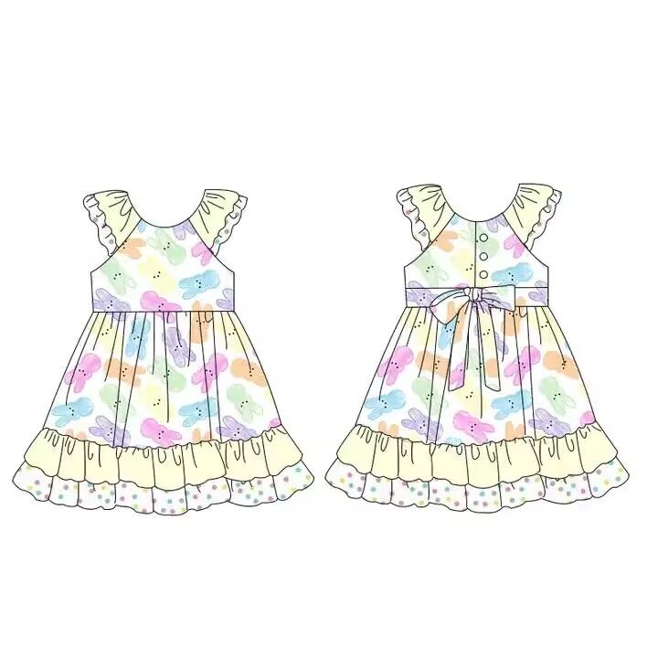 GSD0610 Colorful Rabbit Bow Yellow Lace Flying Sleeve Dress