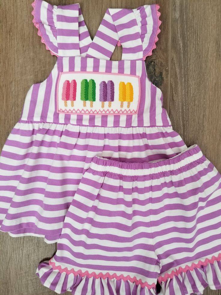 GSSO0734 Colorful ice cream purple and white striped flying sleeve shorts suit