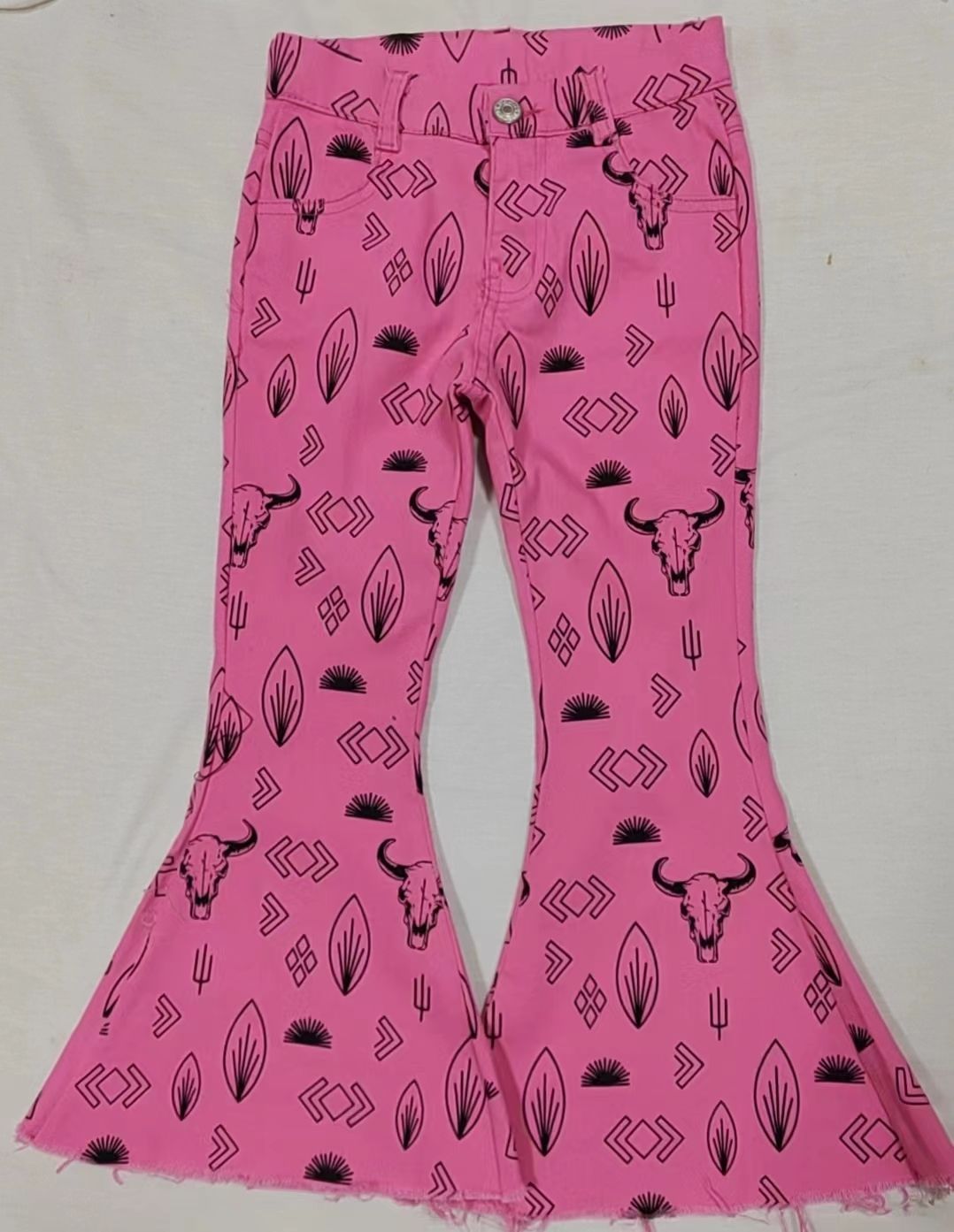 Alpine bull head leaf aztec rose red denim trousers