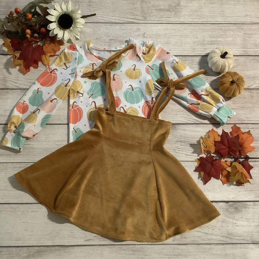 Pumpkin Long Sleeve Brown Gold Velvet Slip Dress Set