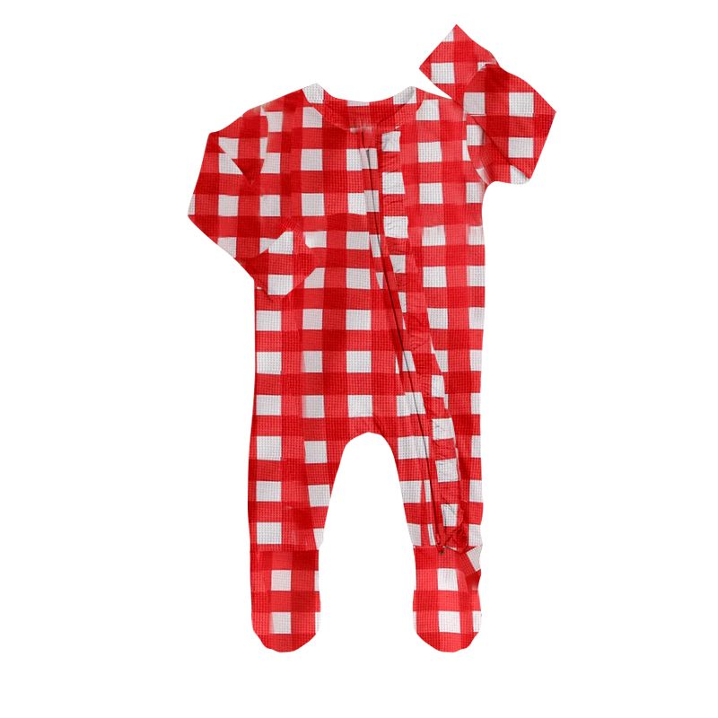 Red and White Plaid Zipper Long Sleeve Bodysuit