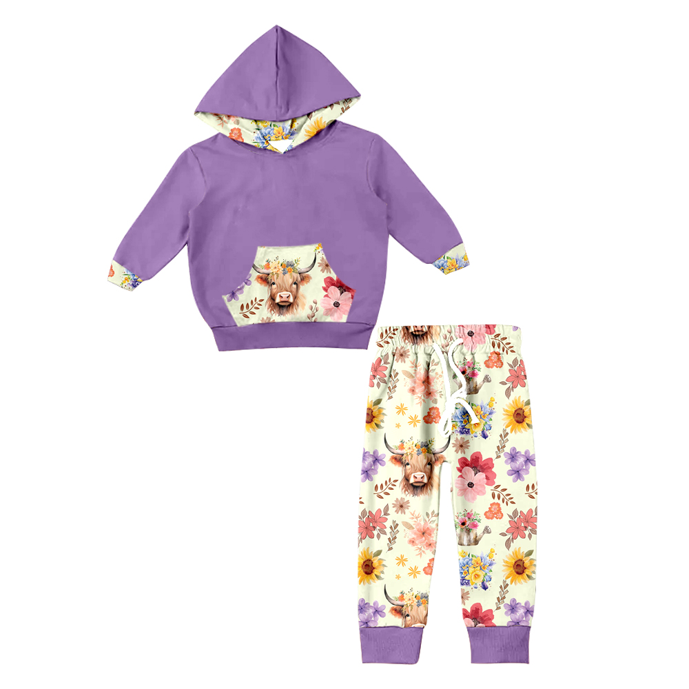 GLP0785 Alpine Bull Head Flower Pocket Beige Purple Hooded Long Sleeve Trousers Set