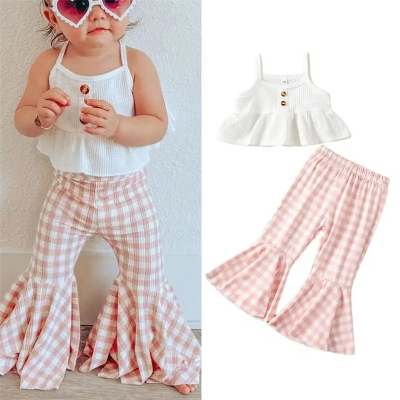 White suspenders pink plaid trouser suit