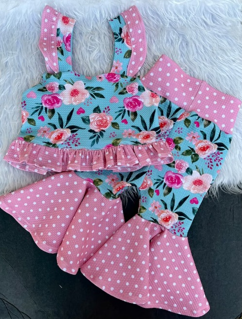 GSPO1163 Love flower polka dot pink lace blue top and pants suit