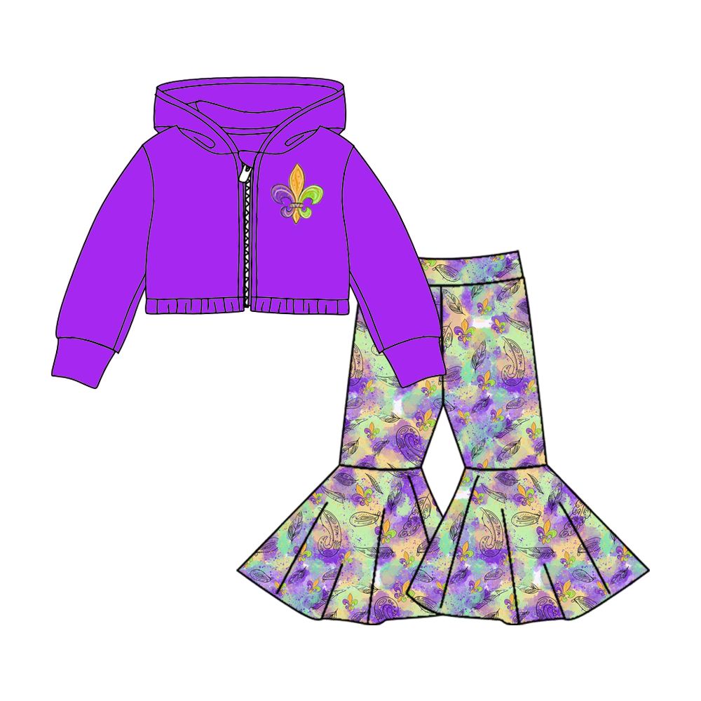 GLP0820 mardi gras carnival purple zipper hooded long sleeve tie dye trousers suit