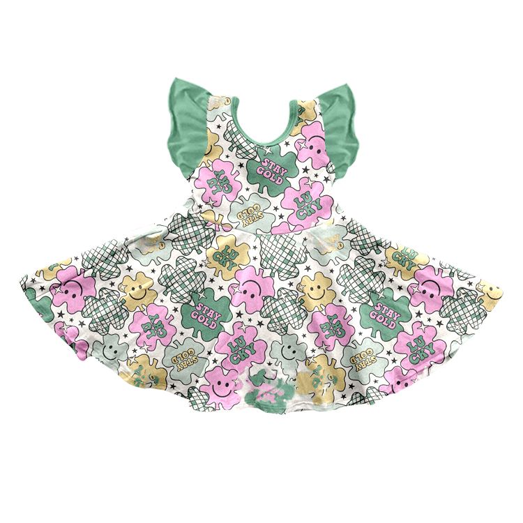 GSD0544 lucky four-leaf clover star beige flying sleeve dress