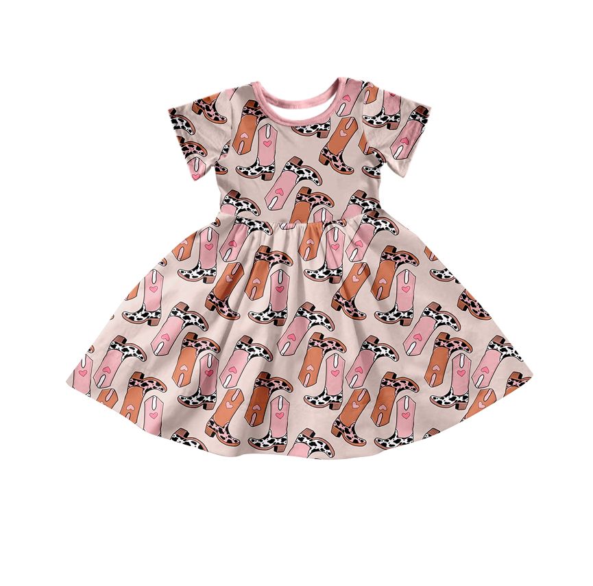 GSD0542 Pink brown love boots short-sleeved dress