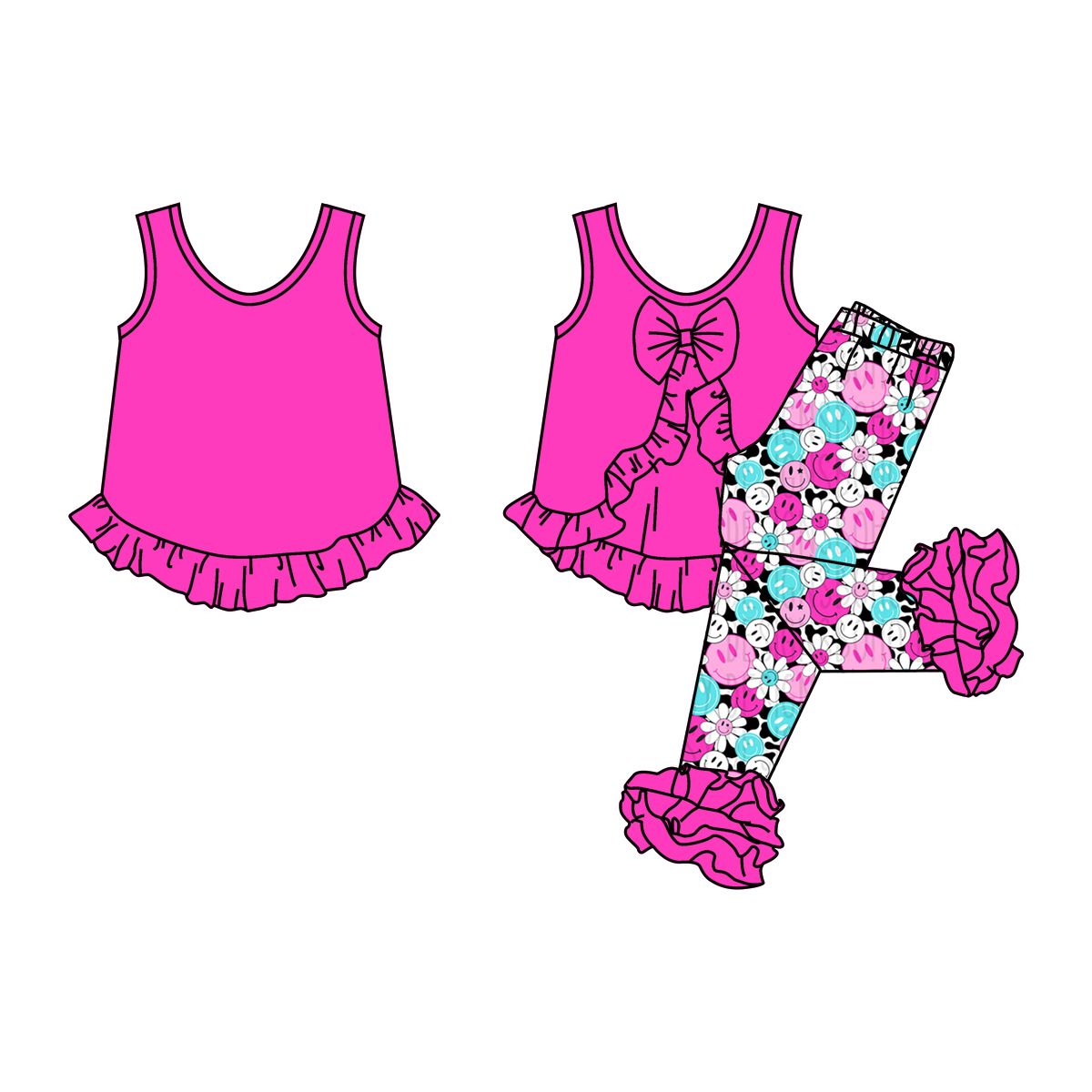 GSPO1098 Bow lace magenta sleeveless smiley flower trousers suit