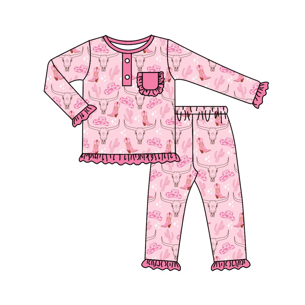 GLP0794 Alpine Bullhead Cowboy Hat Boots Pink Lace Pocket Long Sleeve Pant Set