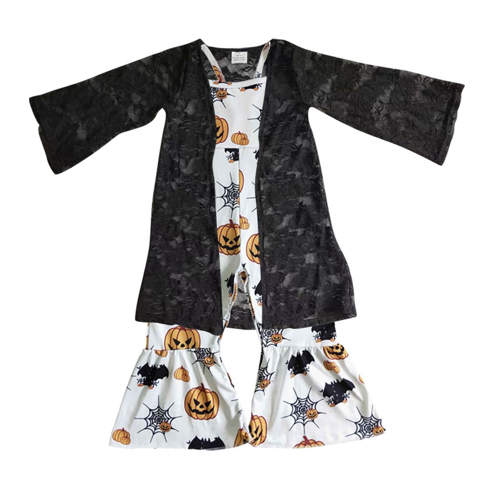 Black Lace Cardigan Halloween Pumpkin White Bodysuit Set