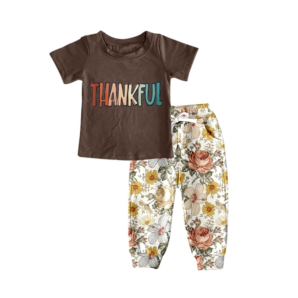 GSPO0858 thankful letter brown short-sleeved floral trouser suit