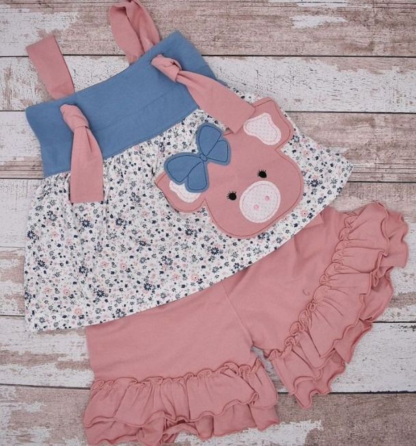 GSSO0493 Bow piggy floral top pink lace shorts set