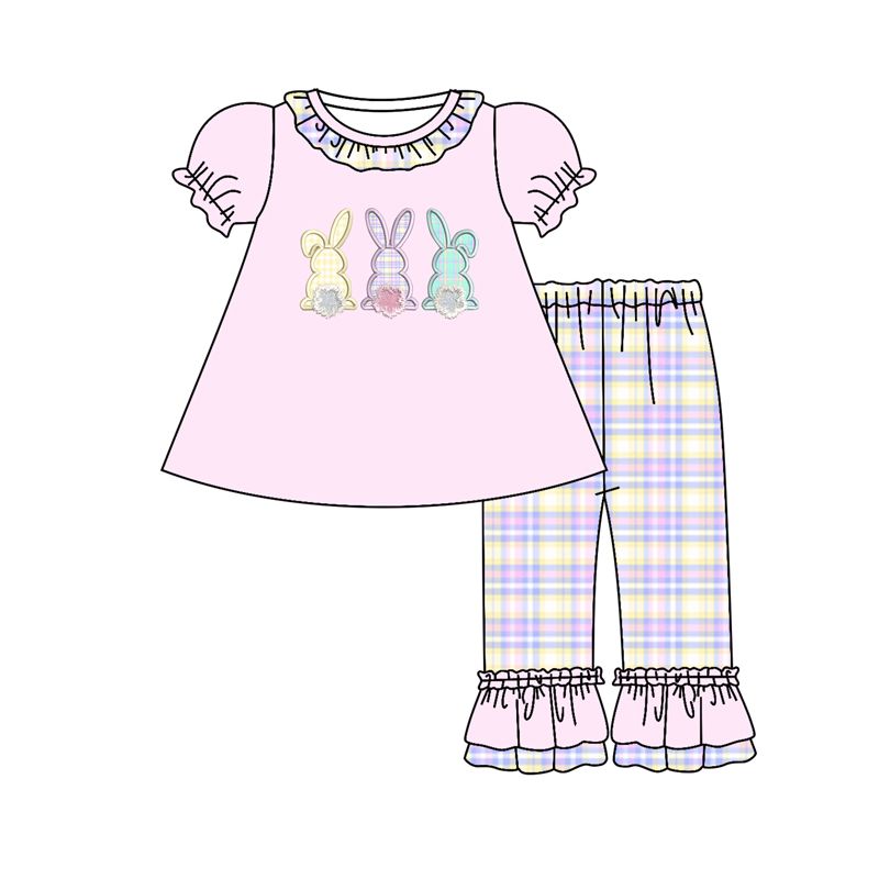GSPO0977 Three colorful rabbits lace purple short-sleeved colorful plaid trousers suit