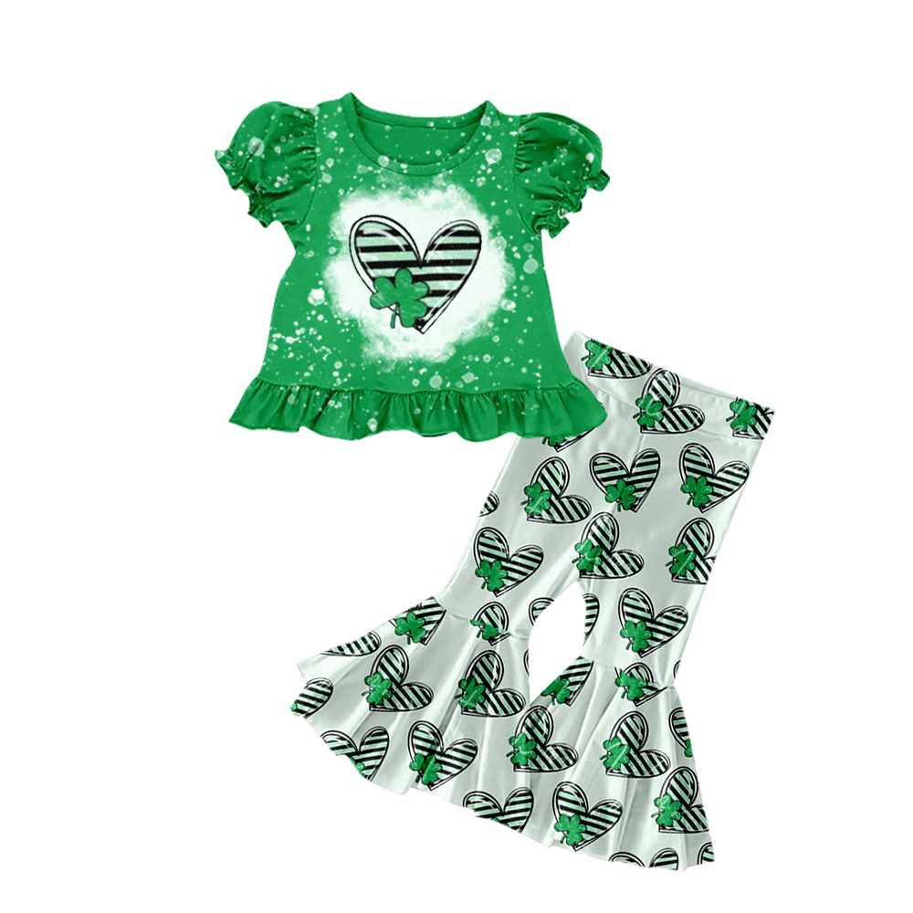GSPO1179 Striped love four-leaf clover green short-sleeved trousers suit