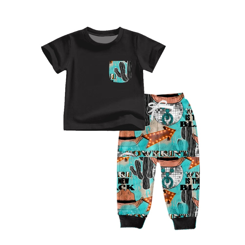 BSPO0270 Cactus Cowboy Hat Light Ball Pocket Black Short Sleeve Pants Suit