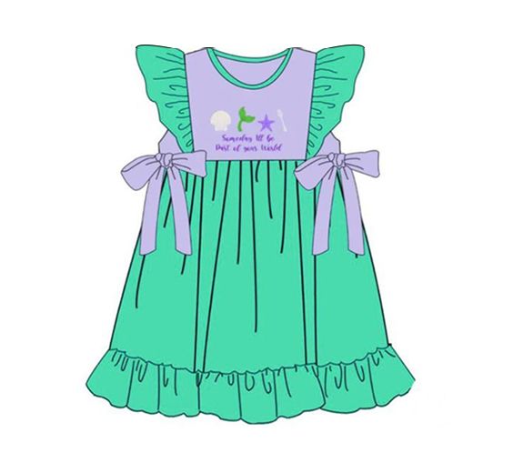 Alphabet Bow Purple Green Flying Sleeve Dress