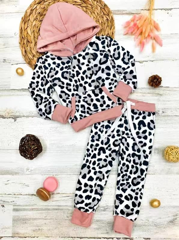 GLP0795 Leopard Pocket Pink Hoodie Long Sleeve Trouser Set