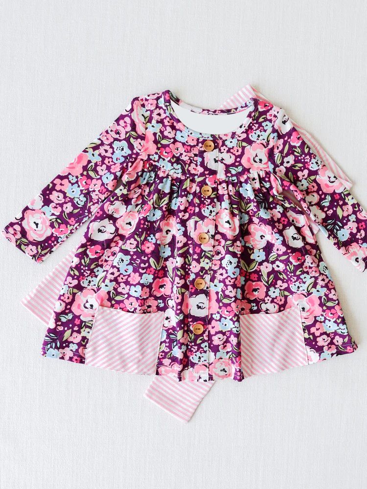 GLP0995 Flower pocket purple long-sleeved pink and white striped trousers suit