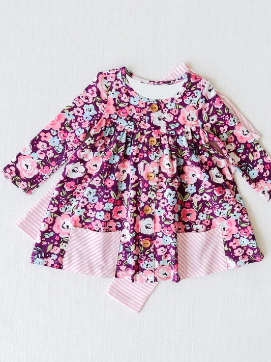 GLP0995 Flower pocket purple long-sleeved pink and white striped trousers suit