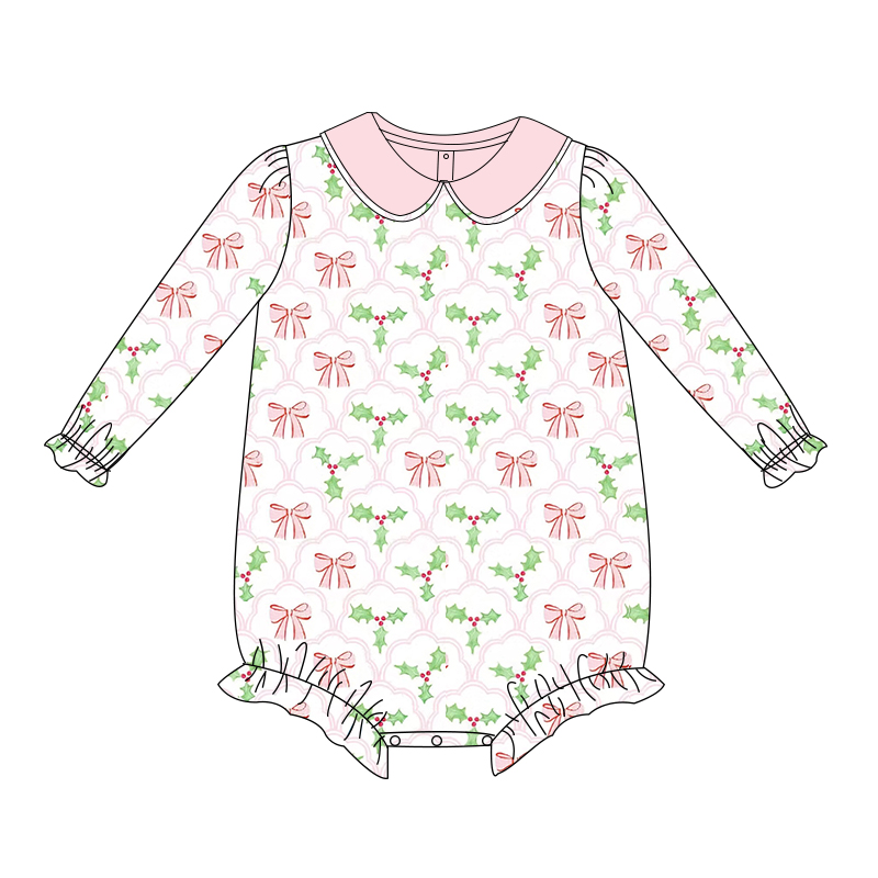 Bow Geometric Pattern Pink Collar White Long Sleeve Bodysuit