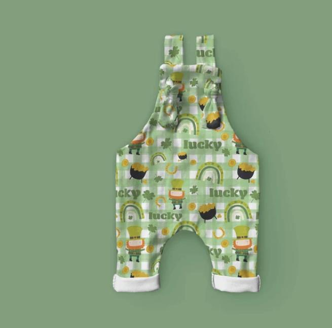SR0586 lucky rainbow green and white plaid suspender jumpsuit