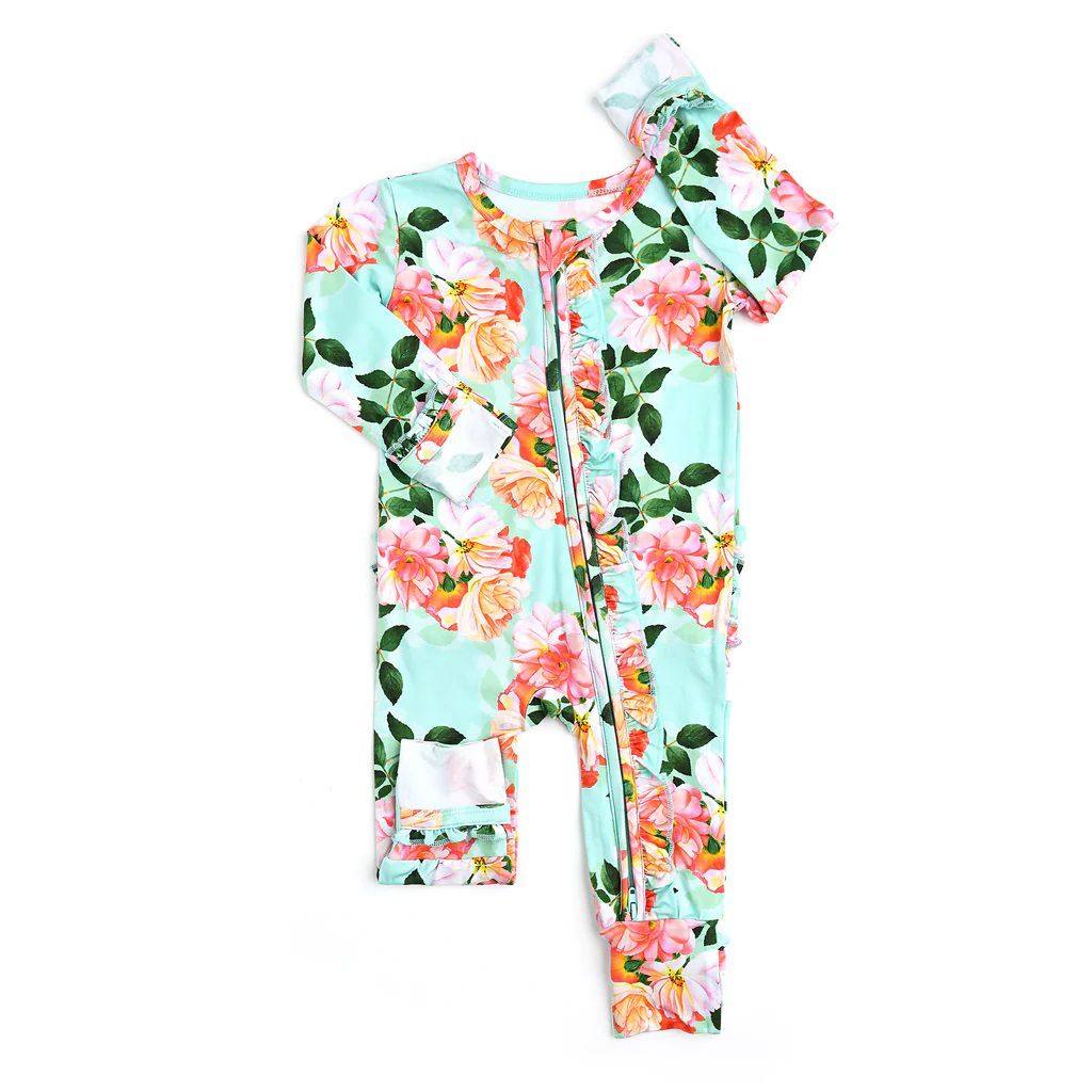 LR0881 Floral Teal Lace Zipper Long Sleeve Jumpsuit