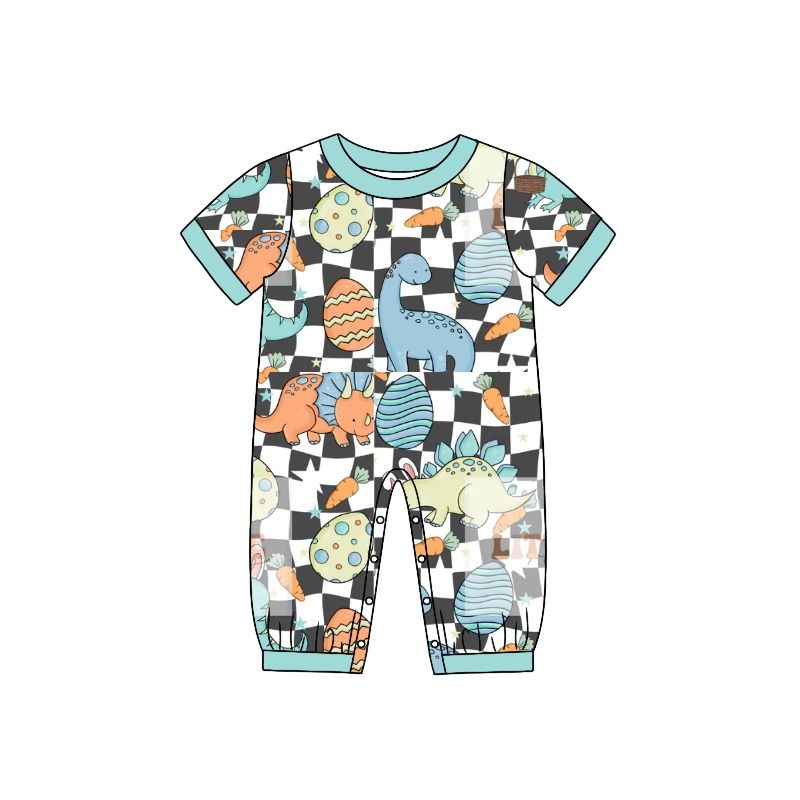 SR0817 Dinosaur Carrot Easter Egg Black and White Plaid Short Sleeve Jumpsuit