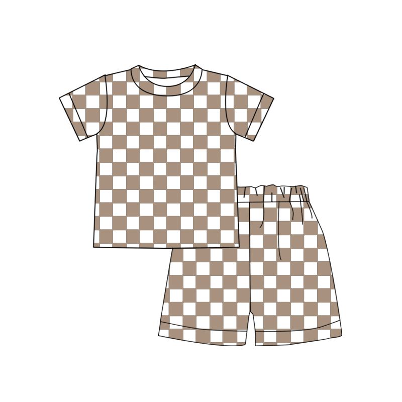 BSSO0326 Khaki plaid short-sleeved shorts suit