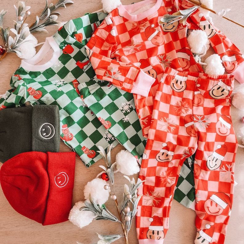 GLP0733 Snowflake Smiley Orange Red Plaid Long Sleeve Trousers Set