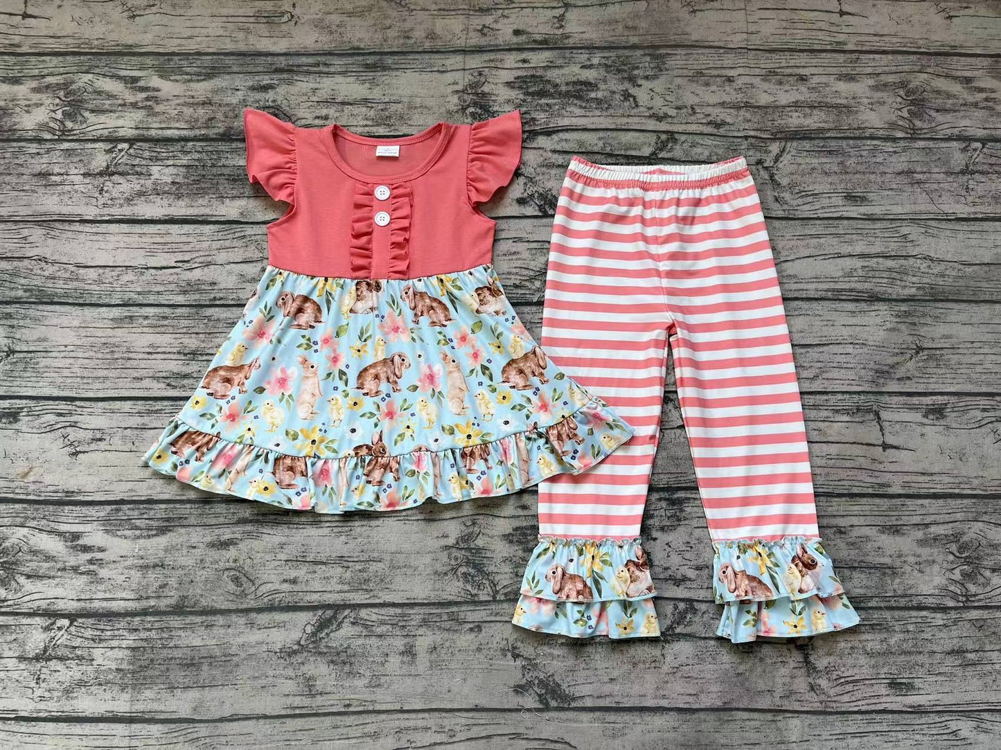 GSPO1132 Rabbit flower pink blue short-sleeved striped trousers suit