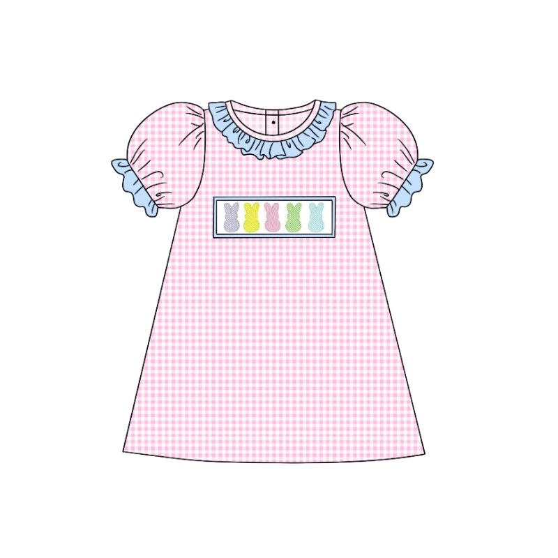 GSD0596 Colorful Rabbit Pink White Plaid Blue Lace Short Sleeve Dress