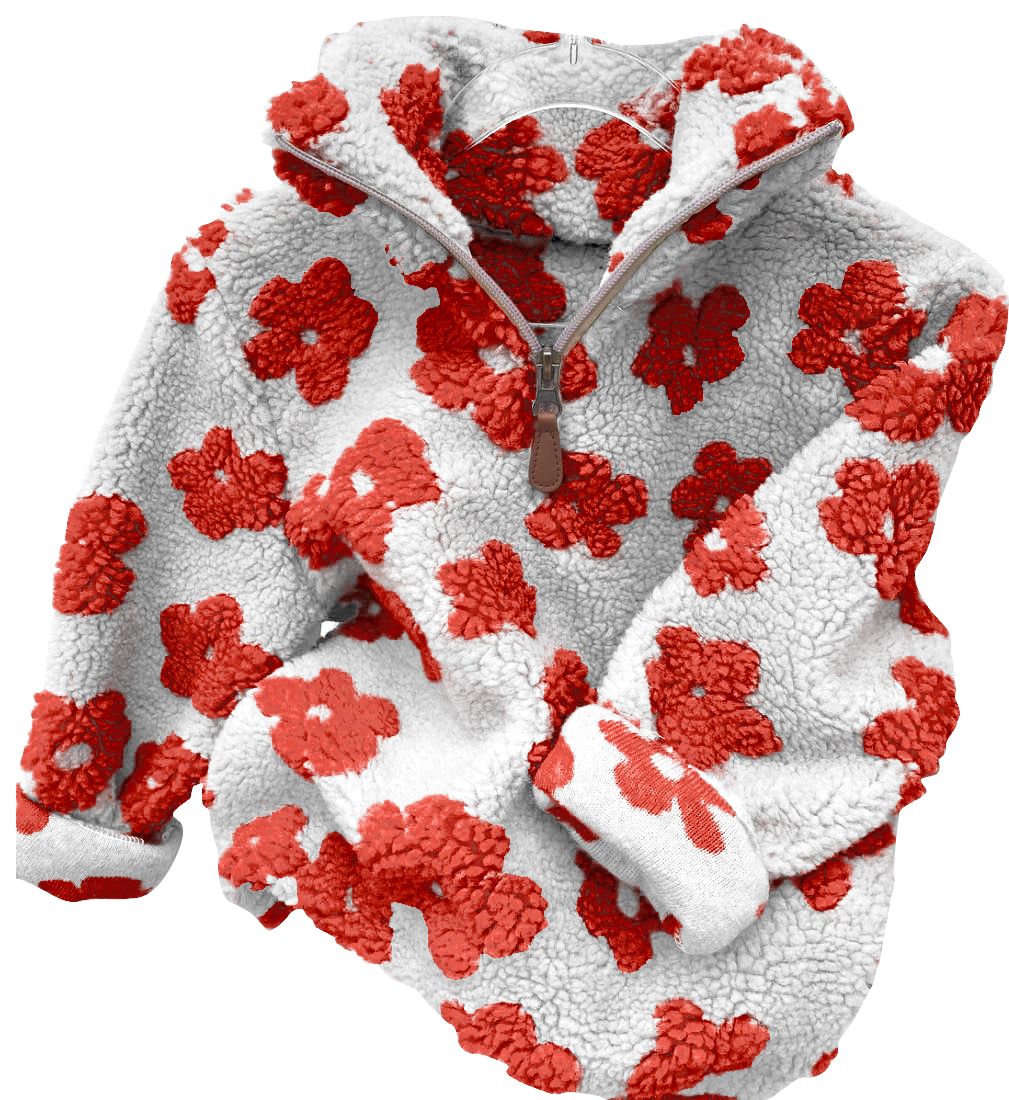 RED Flower White Zip Long Sleeve Top