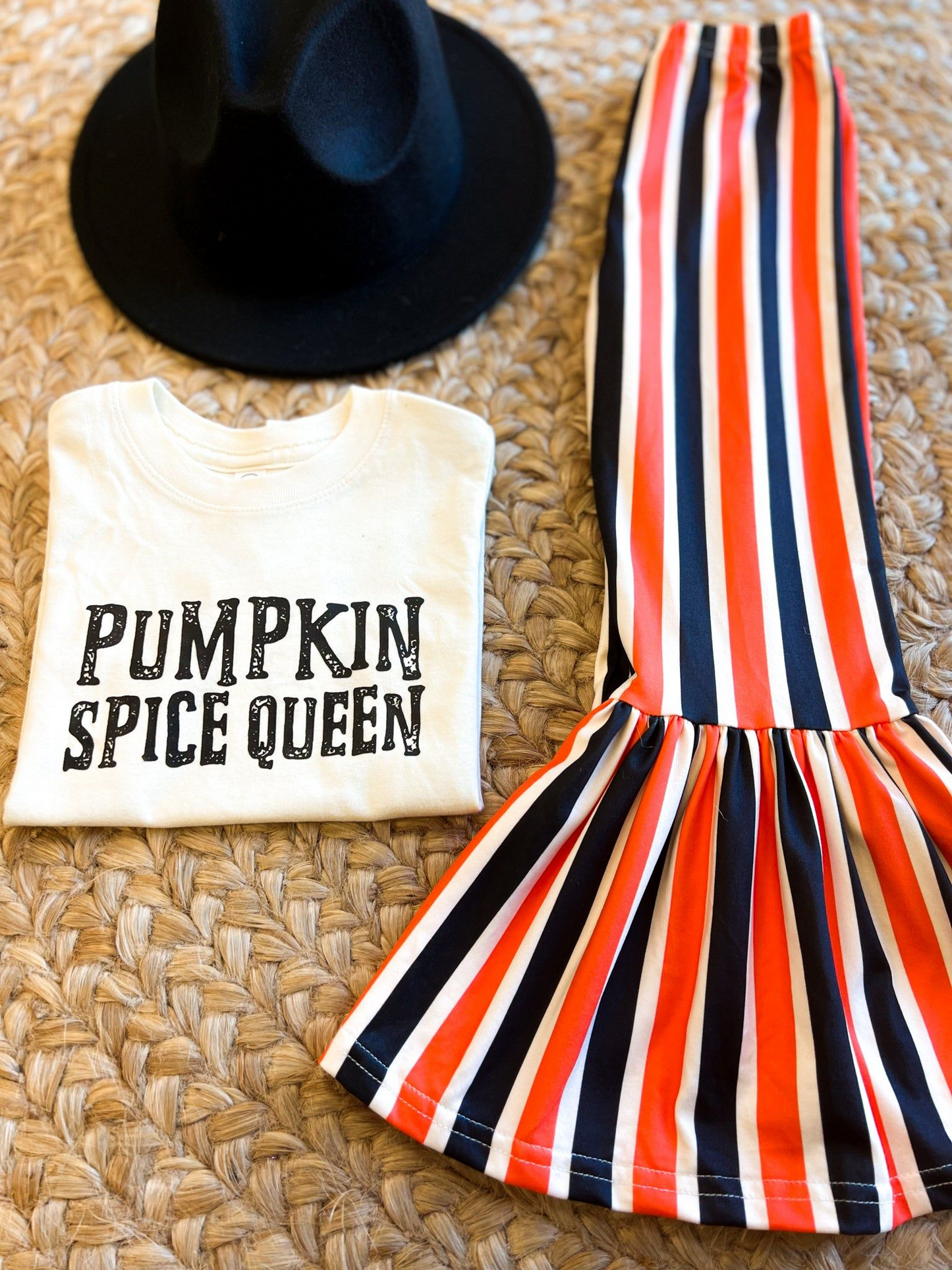 pumpkin spice queen white short sleeve orange blue striped trouser suit