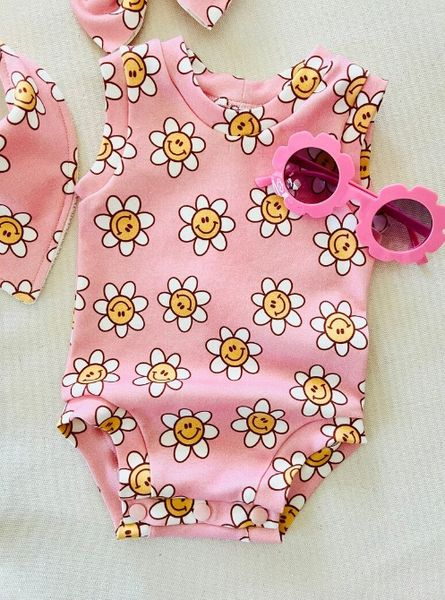 SR0574 Smiley flower pink sleeveless jumpsuit