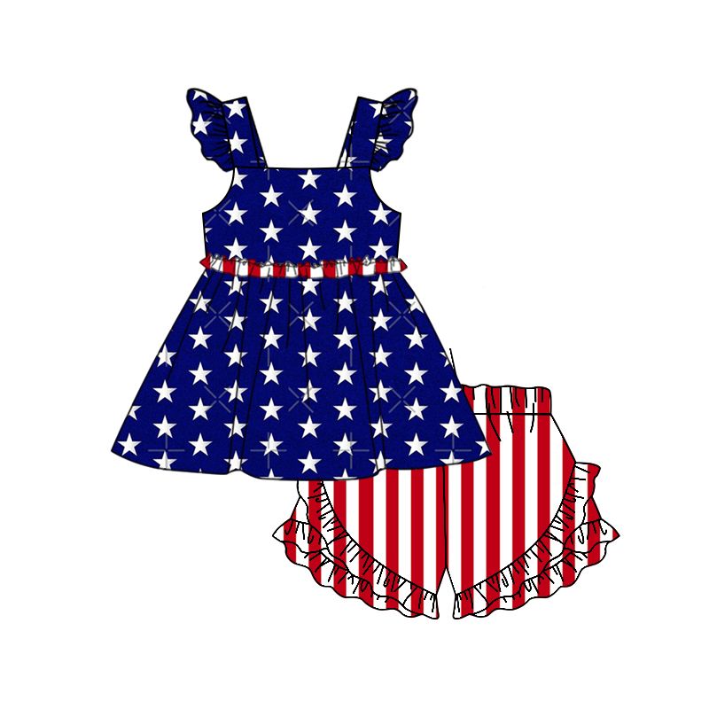 GSSO0491 Star blue flying sleeve top red and white striped lace shorts suit