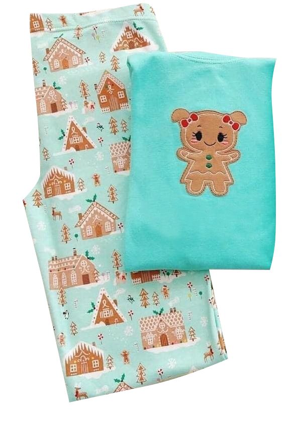GLP0778 Girls Gingerbread Man Green Long Sleeve Trousers Set