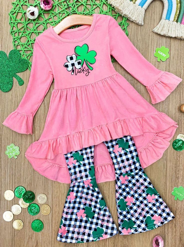 GLP0963 lucky four-leaf clover pink long-sleeved top plaid trousers suit