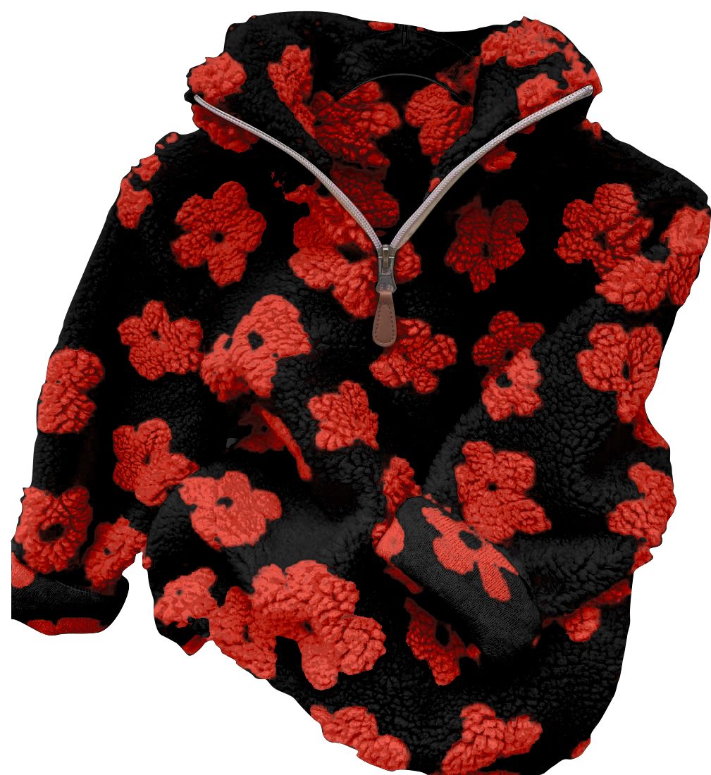 Red Flower Black Zip Long Sleeve Top