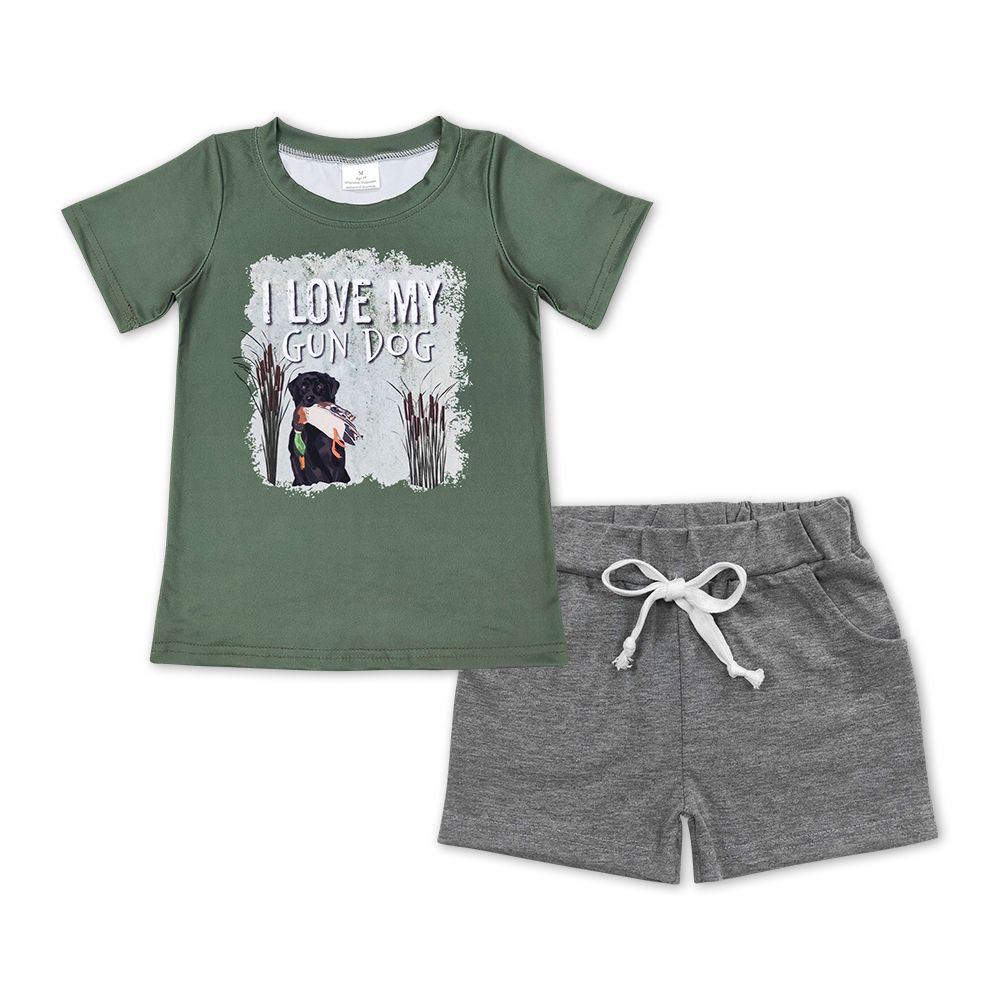 BSSO0448 love my gun dog puppy green short sleeve light gray pocket shorts set