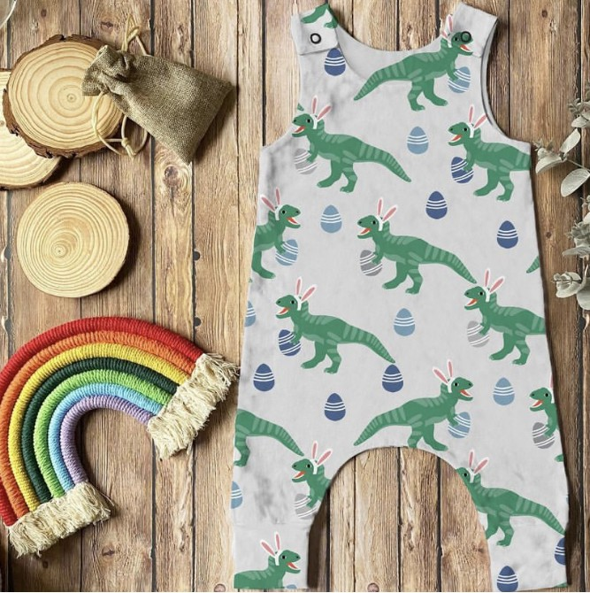 SR0793 Rabbit Ears Green Dinosaur Sleeveless Jumpsuit