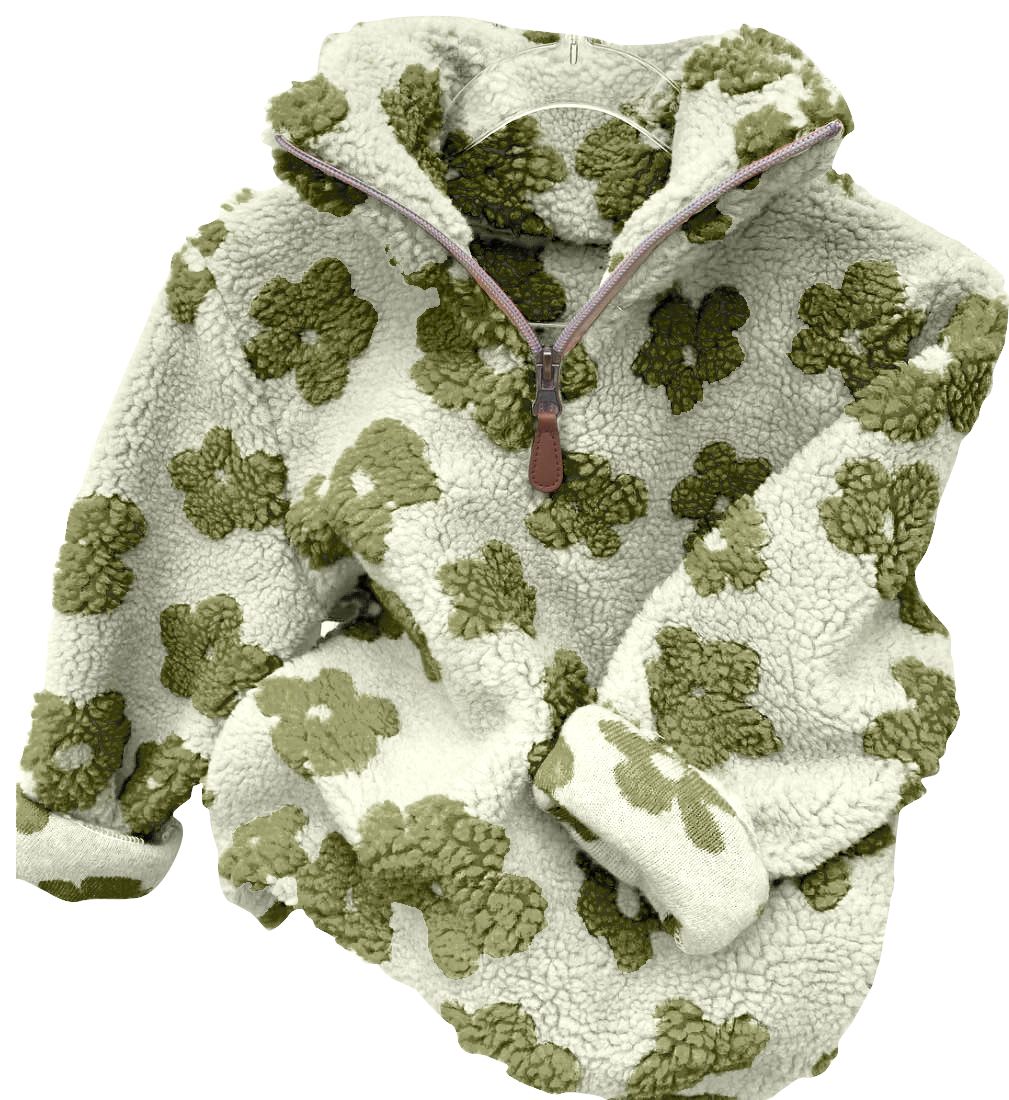 Green Floral Zipper Long Sleeve Top