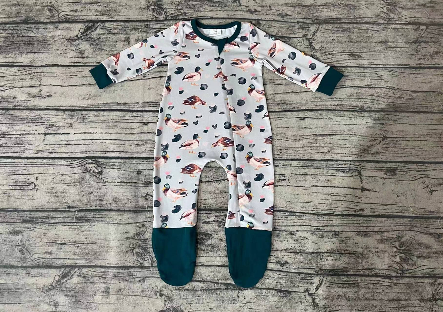 Duck Lotus Dark Green Zipper Long Sleeve Bodysuit
