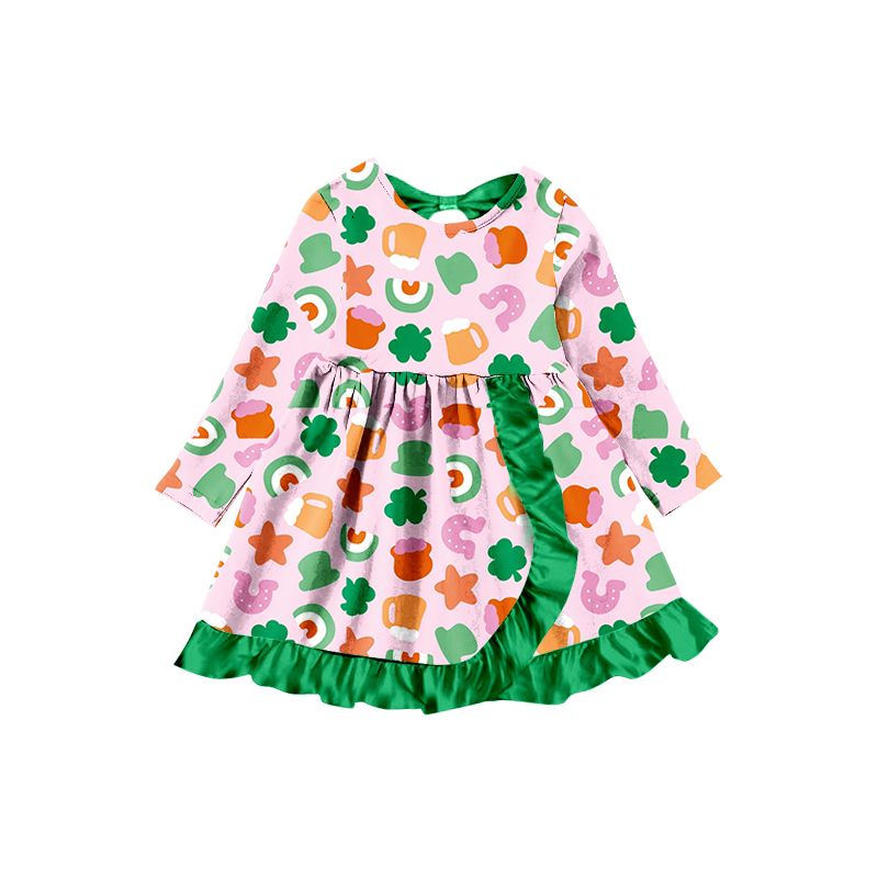 GLD0500 Star Hat Four Leaf Clover Green Lace Pink Long Sleeve Dress