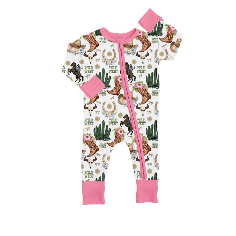 LR0677 wild west riding cactus boots powder white zipper long sleeve jumpsuit