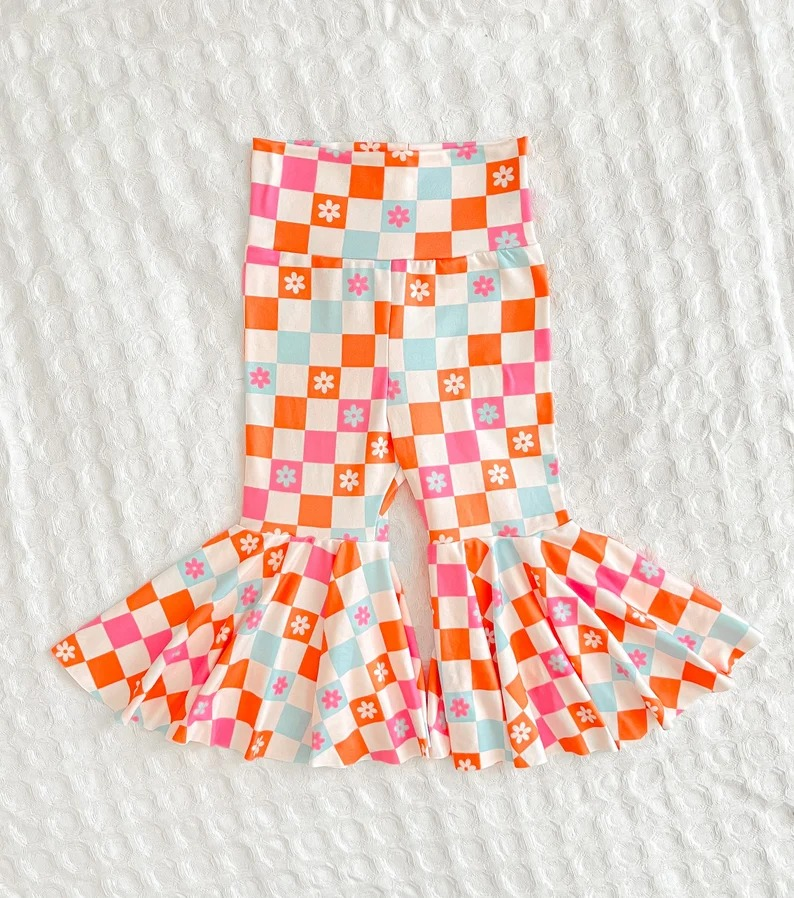 Floral orange and blue plaid beige trousers