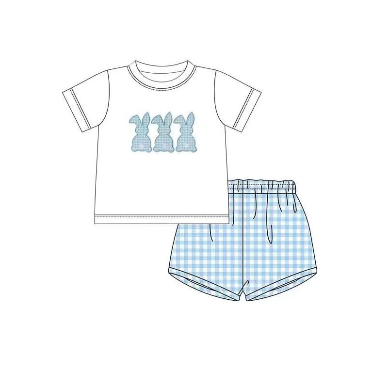 BSSO0331 Three Rabbits white short-sleeved blue plaid shorts suit