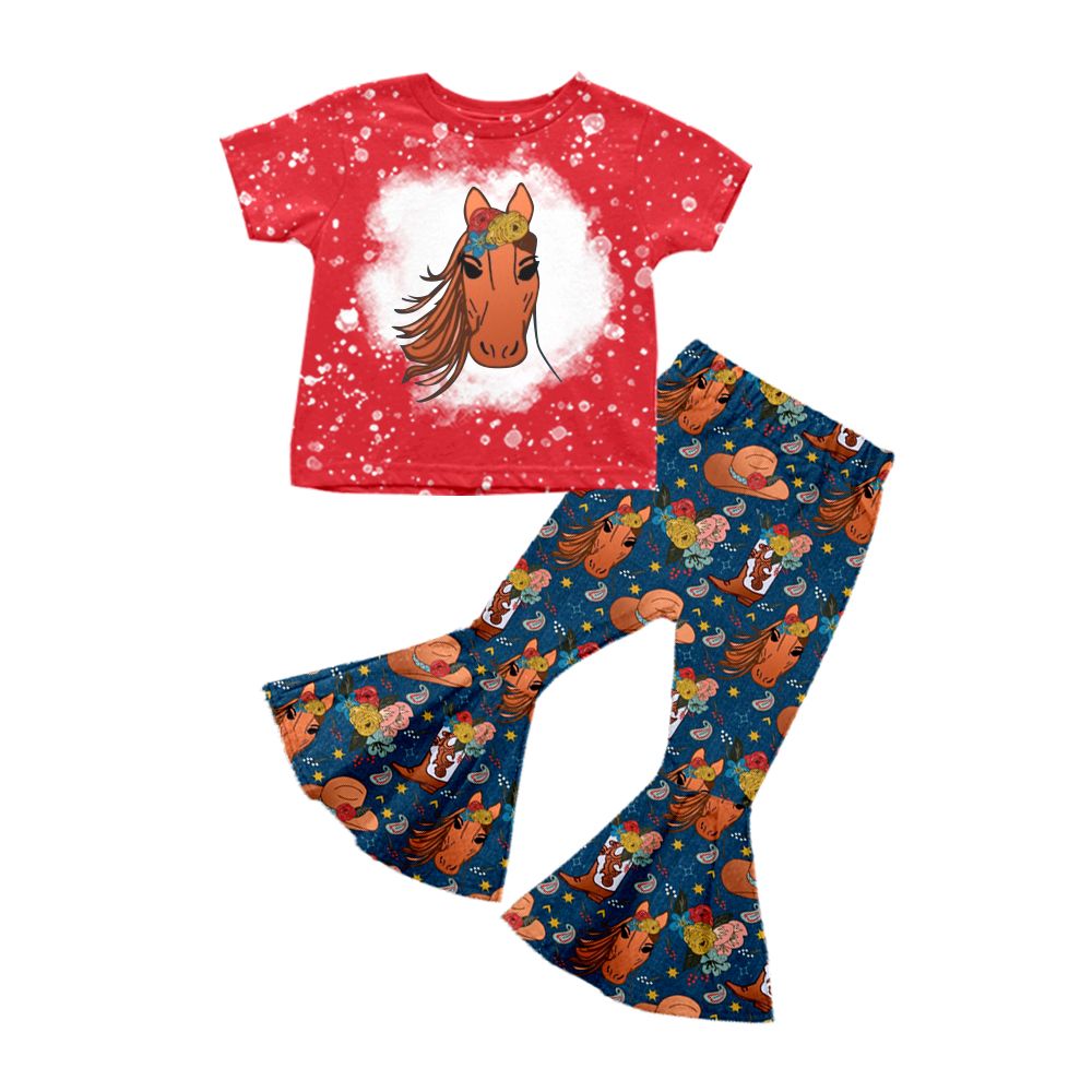 GSPO0869 Flower Horse Boots Hat Red Short Sleeve Navy Blue Trouser Set