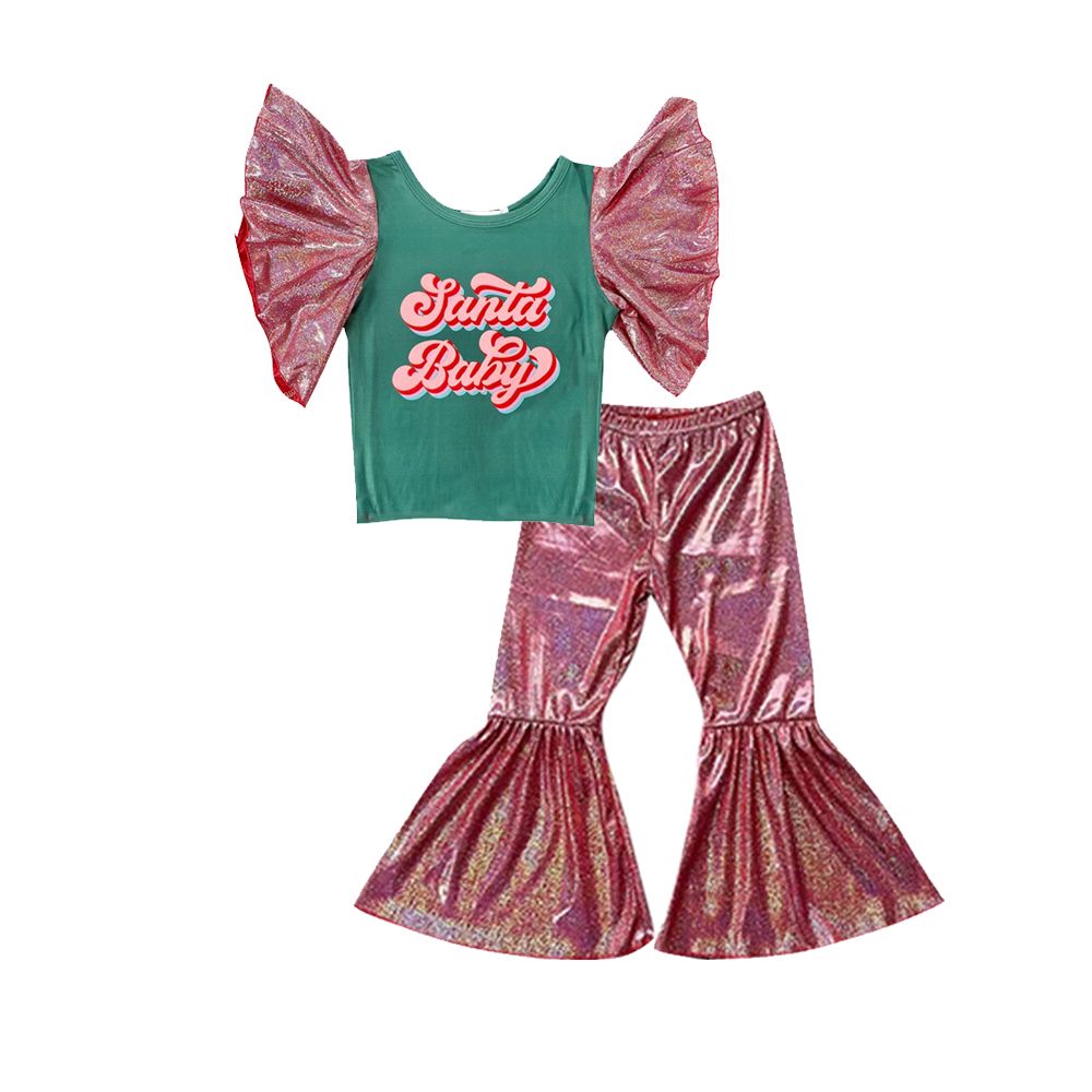 GSPO0832 santa baby brick red satin bronzing short-sleeved trousers suit