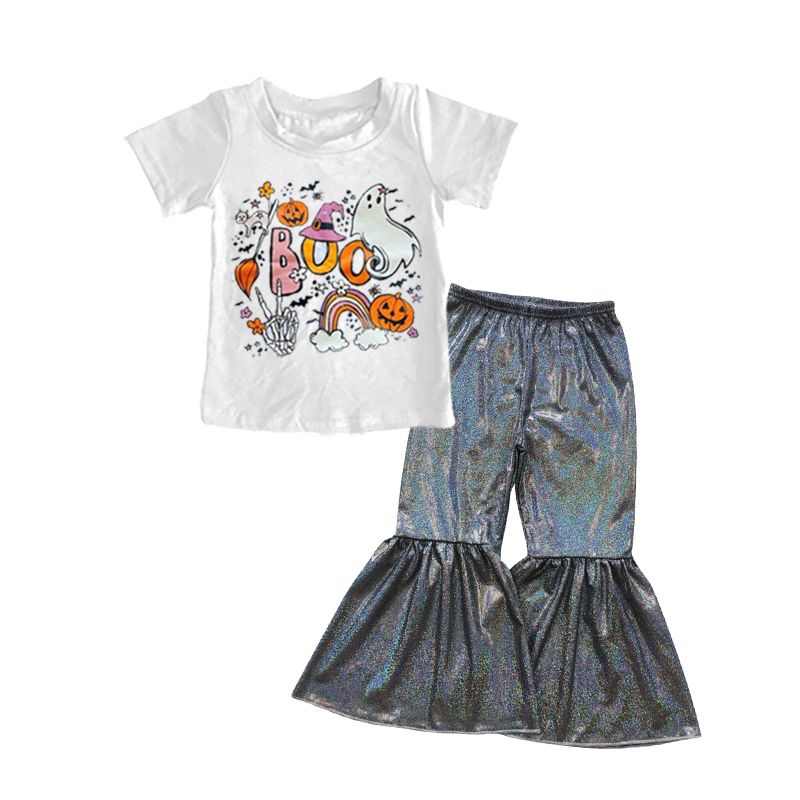GSPO0833 boo rainbow pumpkin white short-sleeved black satin bronzing trouser suit