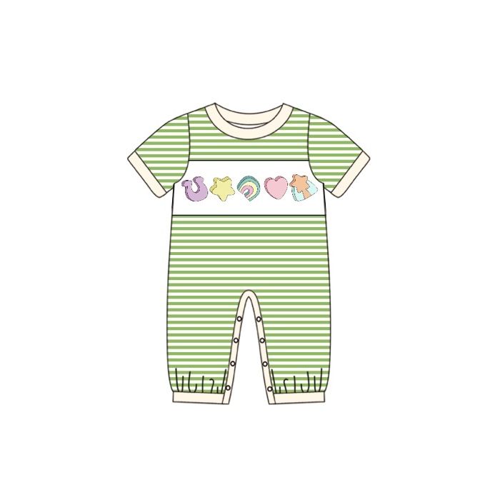 SR0831 Star Rainbow Love Green and White Plaid Short Sleeve Jumpsuit